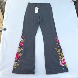 JOHNNY WAS Celina High Waist Flare Legging Gray PS (6-8) Embroidered Floral Bird